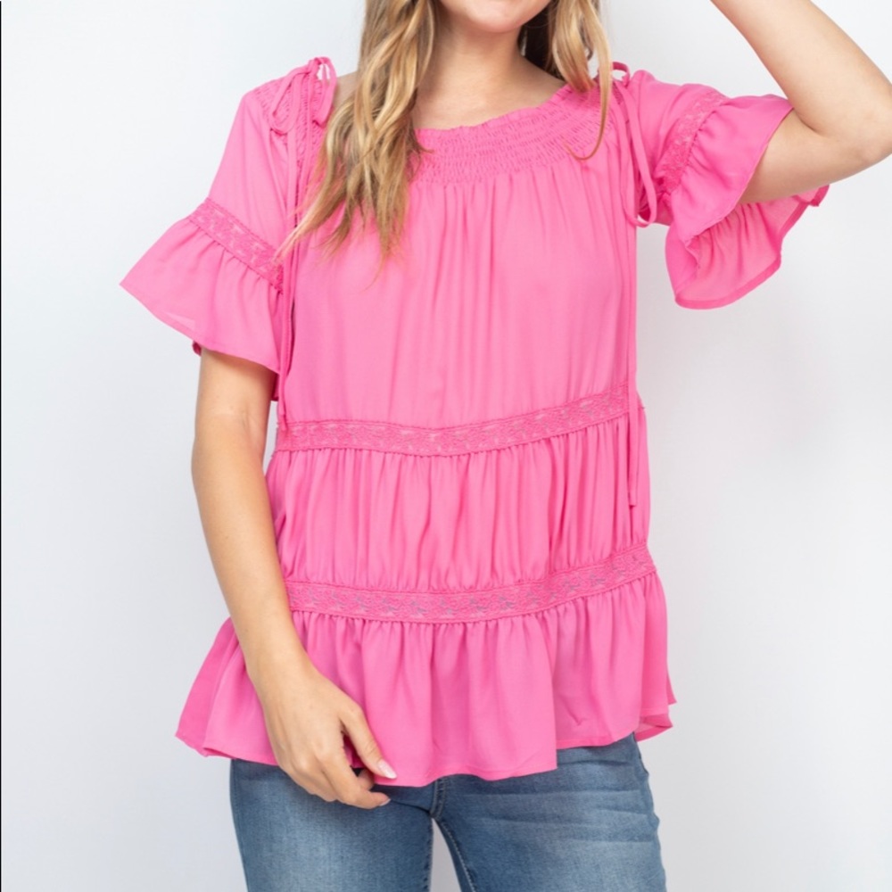 Boho Hot Pink Flounce Sleeve Lace Trimmed Tiered Top